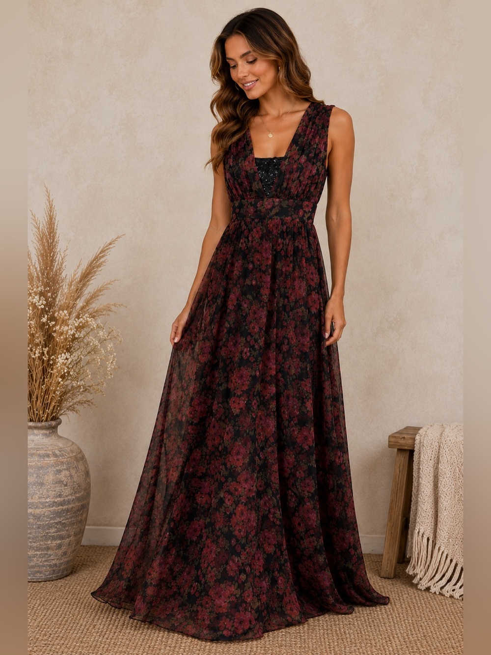 Lulu's Black Maxi Dress with Burgundy Floral Print